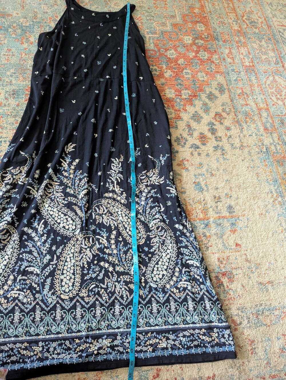 J.Jill Women's Large Paisley Floral Sleeveless Maxi Dress Navy Blue Jersey Knit - Picture 11 of 11